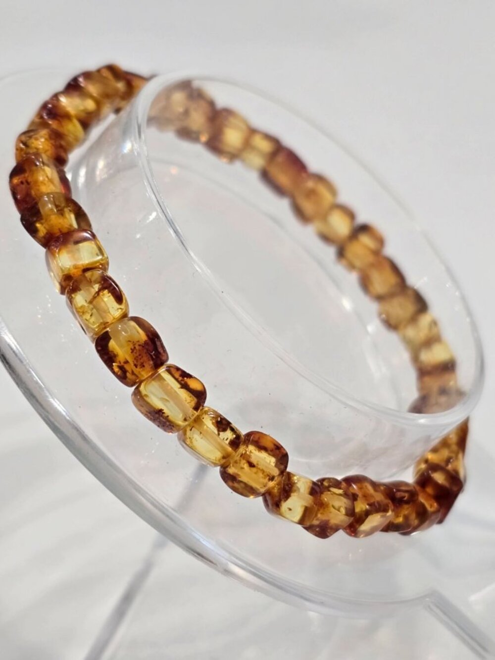 Handmade ✦ Amber Cube Bead Bracelet ✦ Honey Tone Natural Stone Stretch Design - Picture 4 of 7